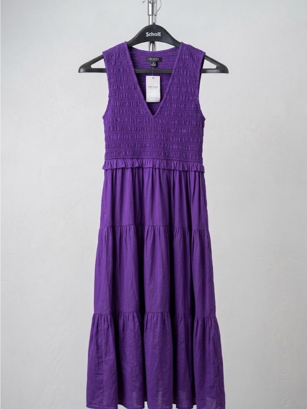 💜 NWT F.E.W. MODA Plum Purple Smocked Tiered Midi Dress | Size Small